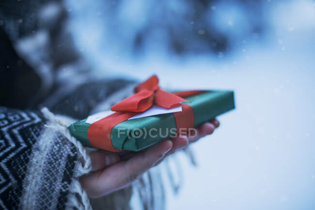 Primer plano de una mujer sosteniendo un regalo de Navidad envuelto - foto de stock