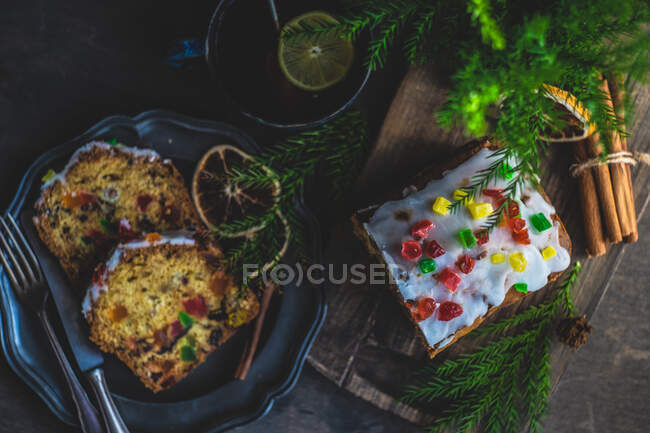 Overhead view of Christmas Stollen cake on a table — Stock Photo