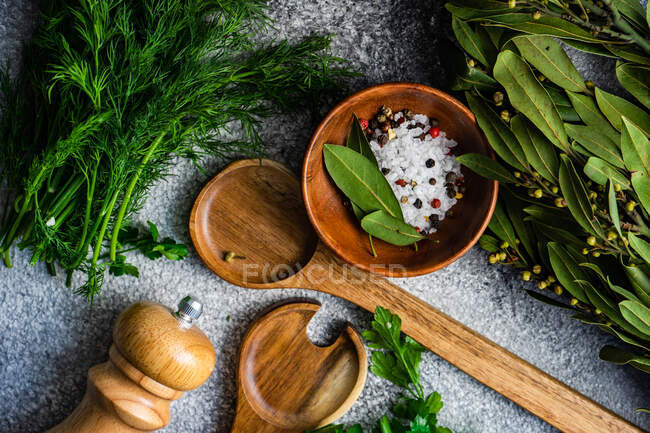 Sal de roca, granos de pimienta, hojas de laurel, eneldo y perejil - foto de stock