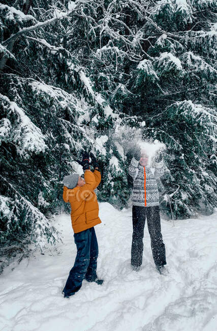 Dos niños teniendo una pelea de bolas de nieve en las montañas, Bulgaria - foto de stock