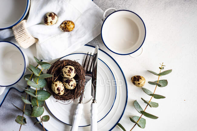 Easter table setting with Easter eggs in a bird's nest and eucalyptus stems — Stock Photo