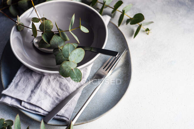 Plaques en céramique lieu réglage avec des tiges d'eucalyptus — Photo de stock