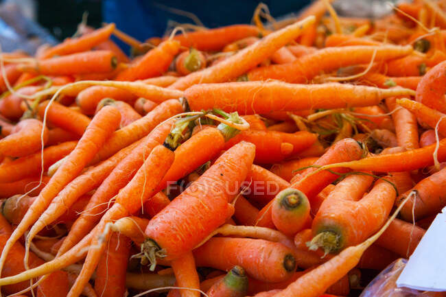 Крупный план пачки органической моркови на фермерском рынке, Британская Колумбия, Канада — стоковое фото