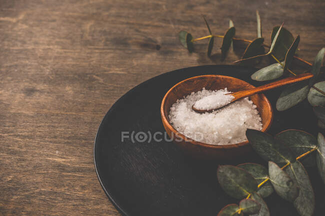 Tigela de sal de rocha com eucalipto fresco em uma mesa de madeira — Fotografia de Stock