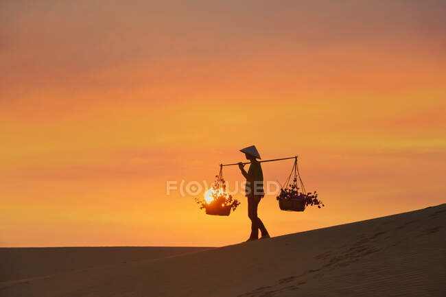 Donna che trasporta cestini attraverso una duna di sabbia al tramonto, Mui Ne, Vietnam — Foto stock