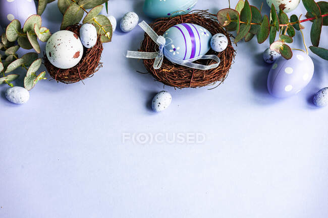 Пасхальные яйца в птичьих гнездах со стеблями эвкалипта — стоковое фото