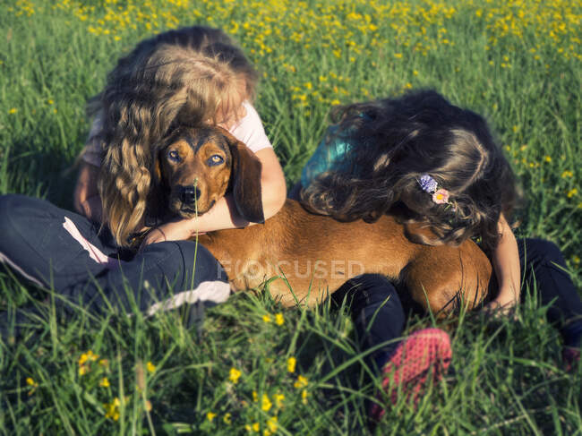 Deux filles assises dans un champ jouant avec leur chien, Pologne — Photo de stock