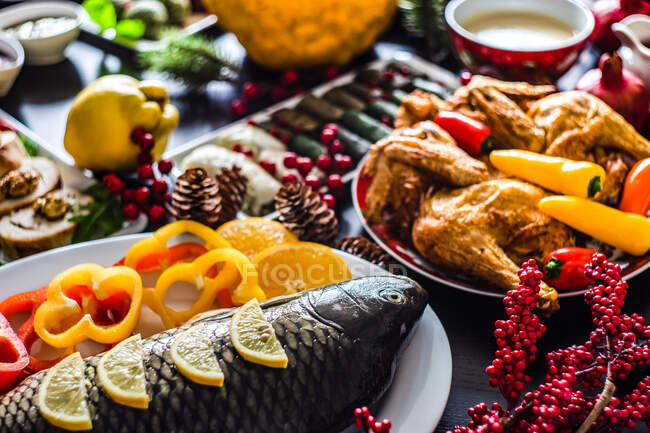 Served traditional festive georgian table for New Year eve with set of dishes — Stock Photo