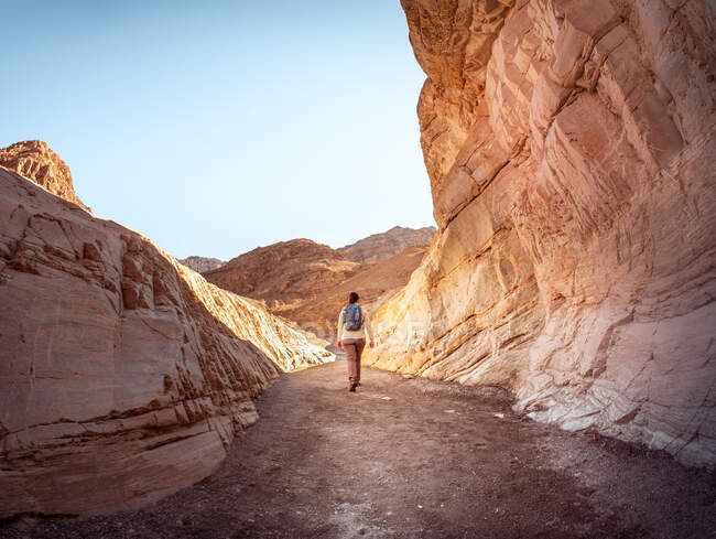 Vista trasera de una excursionista femenina, Parque Nacional Death Valley, California, EE.UU. - foto de stock