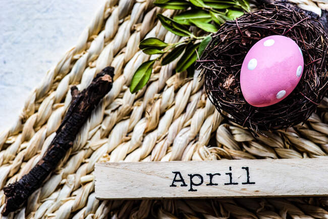 Розовое пасхальное яйцо в птичьем гнезде на коврике — стоковое фото