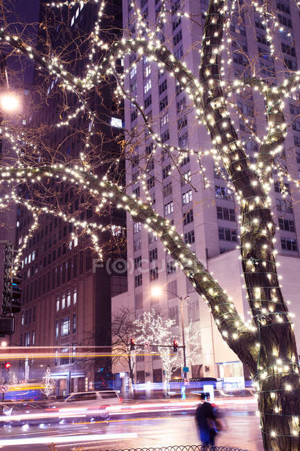 Luci e decorazioni natalizie, Michigan Street, Chicago, Illinois, USA — Foto stock