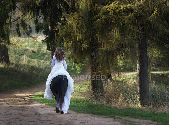 Vista trasera de una mujer montando a caballo, Italia - foto de stock