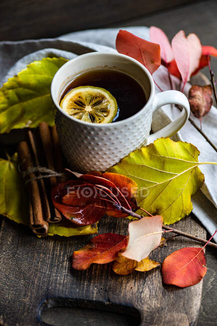 Tasse de thé entourée de corniches d'automne et de bâtonnets de cannelle — Photo de stock