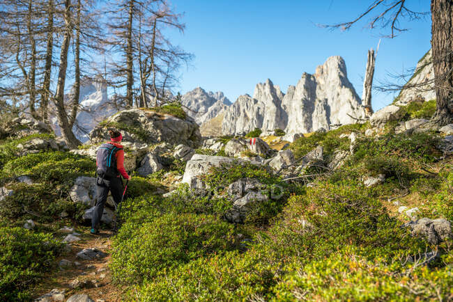 Woman hiking on footpath in alpine landscape, Filzmoos, Salzburg, Austria — Stock Photo