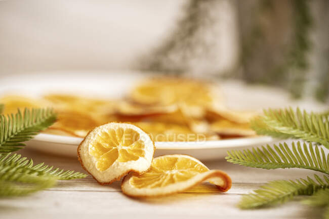 La plancha de las naranjas secas sobre la mesa con las ramas de abeto para la Navidad - foto de stock