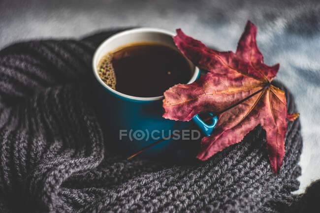 Americano café à côté d'une feuille d'automne et écharpe — Photo de stock