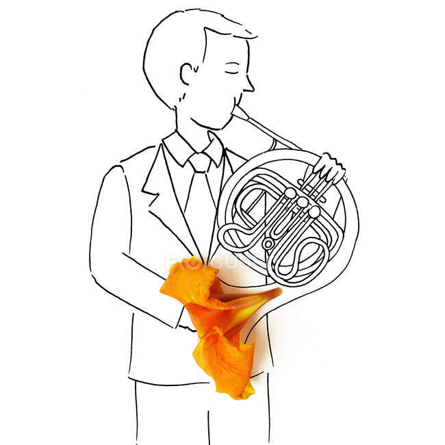 Hombre conceptual tocando el cuerno francés - foto de stock