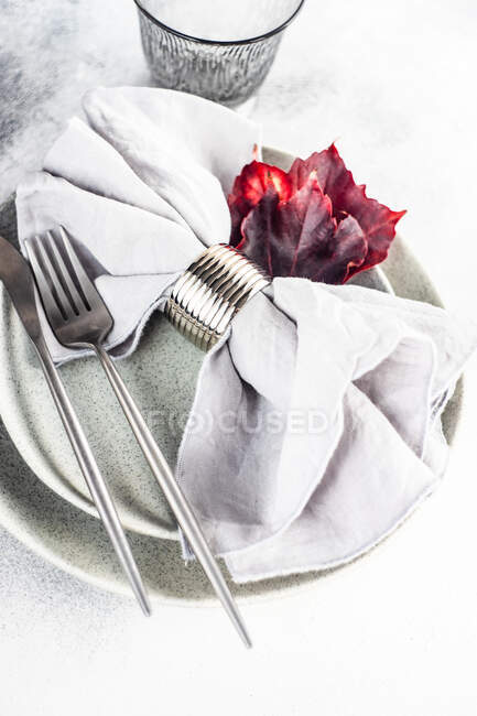 Autumnal place setting with red grape leaves and dinnerware on concrete background — Stock Photo