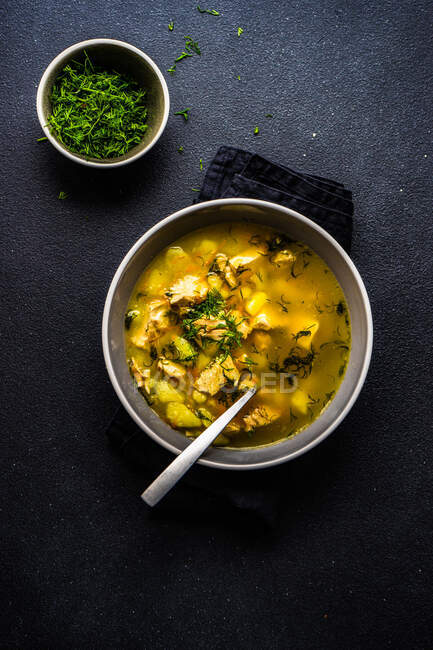 Здоровий курячий суп у мисці зі свіжою кропу травою, поданою за столом — стокове фото