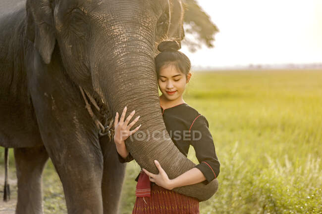 Portrait d'une femme debout dans une rizière avec un éléphant, Thaïlande — Photo de stock