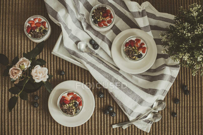 Home made yogurt pots with fresh fruit, seeds and nuts — Stock Photo