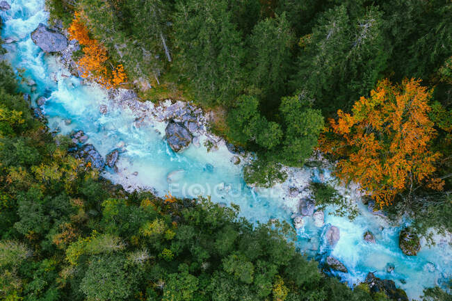 Aerial view of Soca river surrounded by trees, Slovenia — Stock Photo