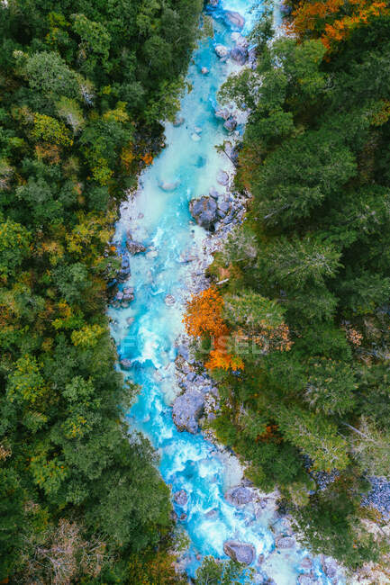 Aerial view of Soca river surrounded by trees, Slovenia — Stock Photo