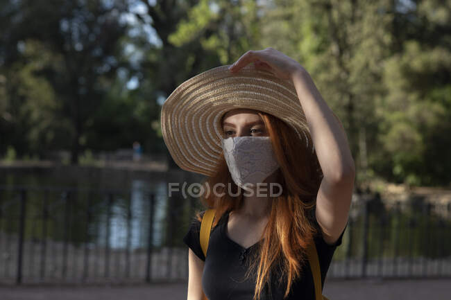 Portrait of a woman wearing a face mask, Villa Borghese, Rome, Lazio, Italy — Stock Photo
