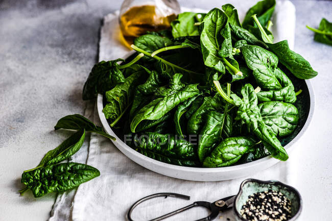 Concepto de comida ecológica con hojas de espinacas frescas para cocinar ensaladas saludables - foto de stock