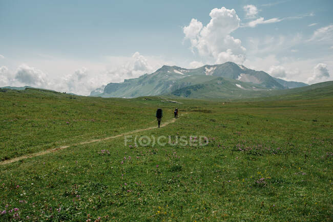 Vista trasera de tres personas caminando a lo largo de un sendero, Rusia - foto de stock