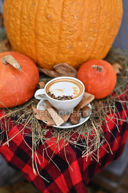 Cup of coffee with autumn decorations — Stock Photo