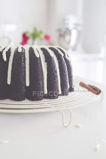 Gâteau bundt au chocolat sur une grille de refroidissement — Photo de stock