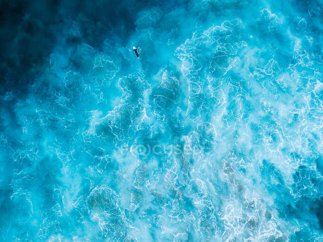 Vista aérea de un surfista acostado en una tabla de surf remando en el océano, Gosford, Nueva Gales del Sur, Australia - foto de stock