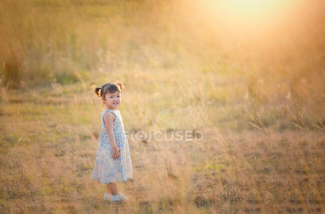 Усмішка дівчинка стоїть на полі влітку, це — стокове фото