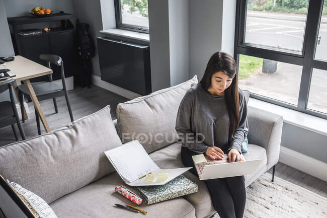 Woman sitting on a sofa working from home - foto de stock