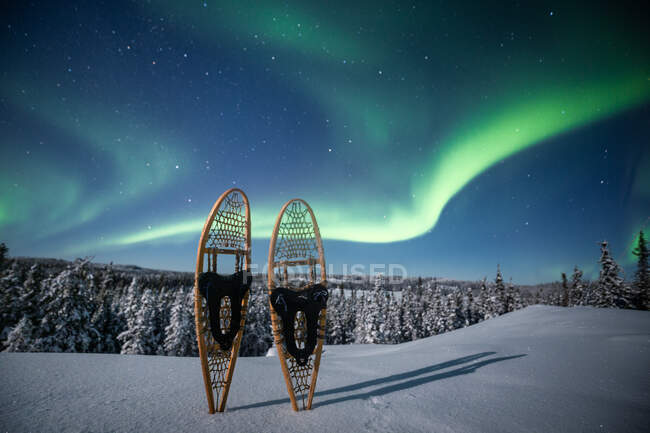 Raquetas de nieve por debajo de las luces del norte, Yellowknife, Territorios del Noroeste, Canadá, América del Norte - foto de stock