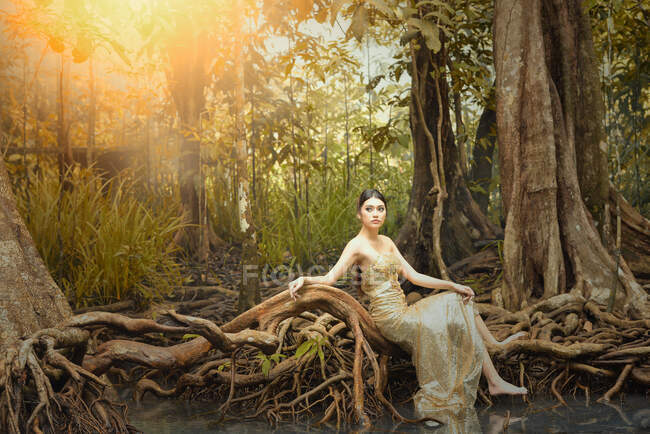 Portrait d'une belle femme assise dans la forêt, Thaïlande — Photo de stock