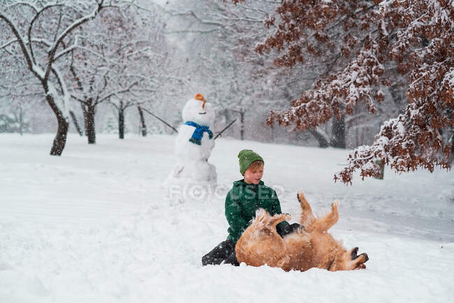 Мальчик играет со своей собакой на снегу, США — стоковое фото