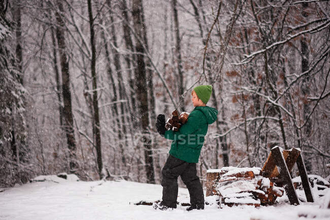 Boy collecting firewood from a woodpile in the garden, USA — Stock Photo