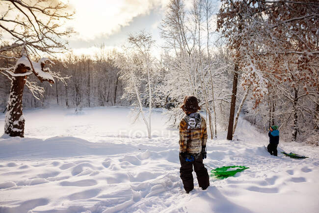 Два мальчика катались на санках по снегу, США — стоковое фото