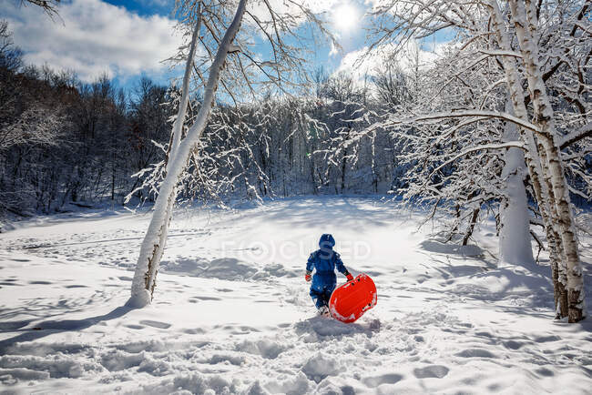 Ragazzo che porta una slitta attraverso la neve, USA — Foto stock