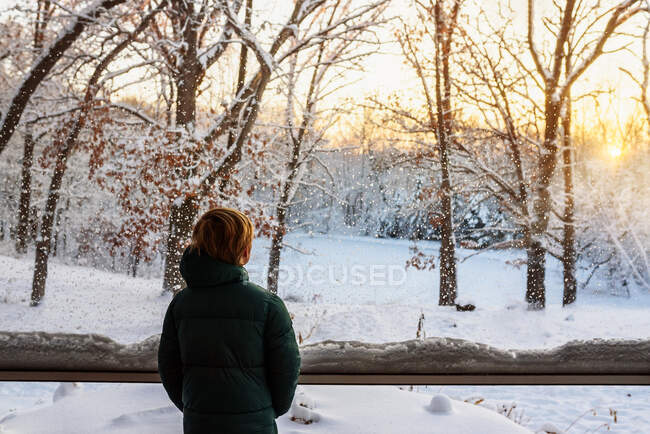 Boy looking out of a screen porch into a snowy garden, USA — Stock Photo