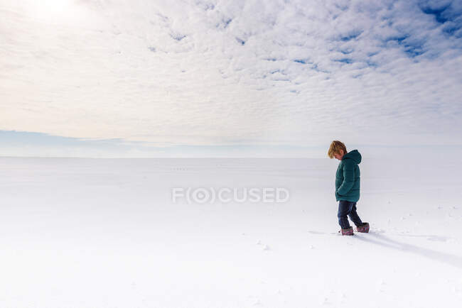 Мальчик ходит по глубокому снегу в поле, США — стоковое фото