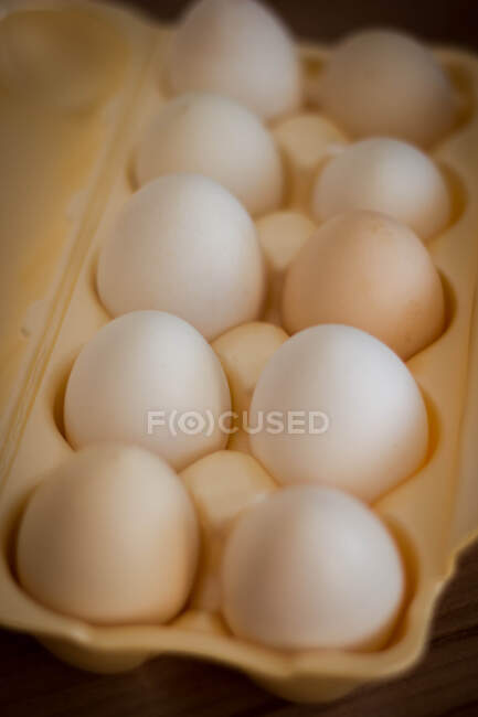 Primer plano de una docena de huevos en un cartón - foto de stock