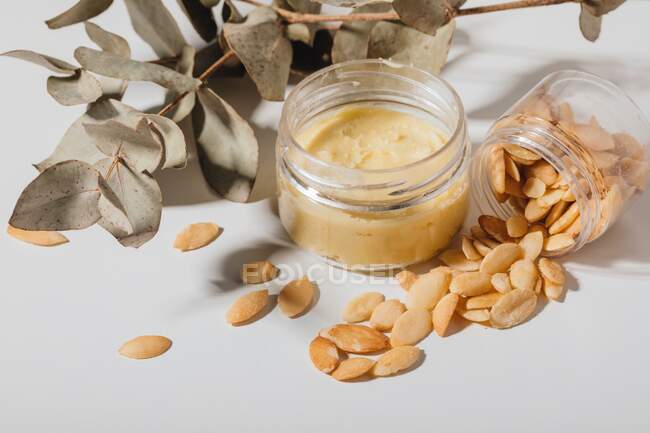 Shea butter and argan seeds with dried leaves — Stock Photo
