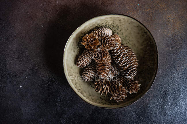 Cônes de pin dans un bol en céramique sur une table — Photo de stock