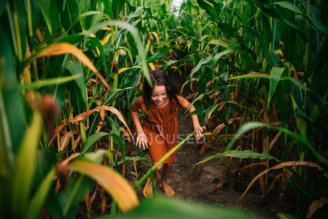 Menina correndo através de um campo de milho, EUA — Fotografia de Stock
