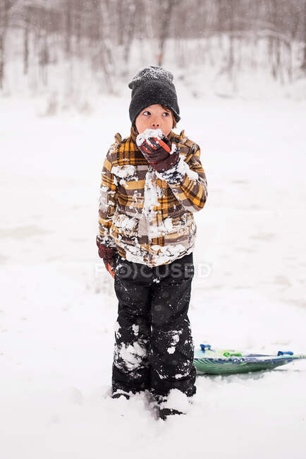 Портрет мальчика, поедающего снег, Висконсин, США — стоковое фото