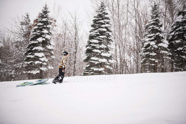 Ragazzo che tira una slitta su per una collina nella neve, Wisconsin, USA — Foto stock