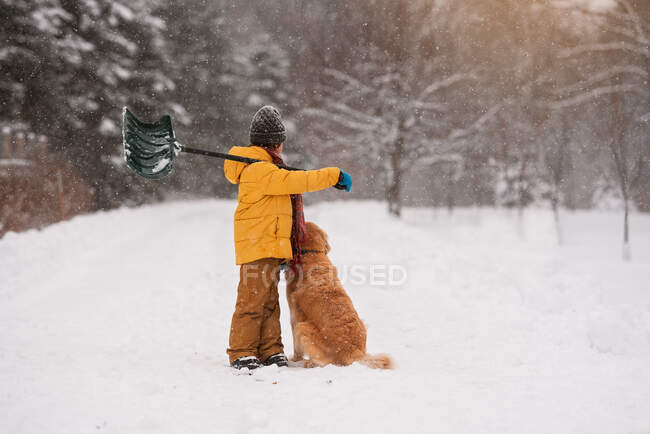 Ragazzo con una pala in piedi con il suo cane nella neve su un lungo vialetto innevato, Wisconsin, USA — Foto stock